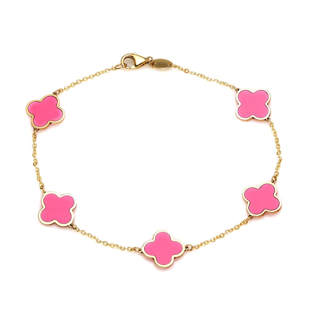 Bracelet trèfle à quatre feuilles rose en or jaune massif 14 carats