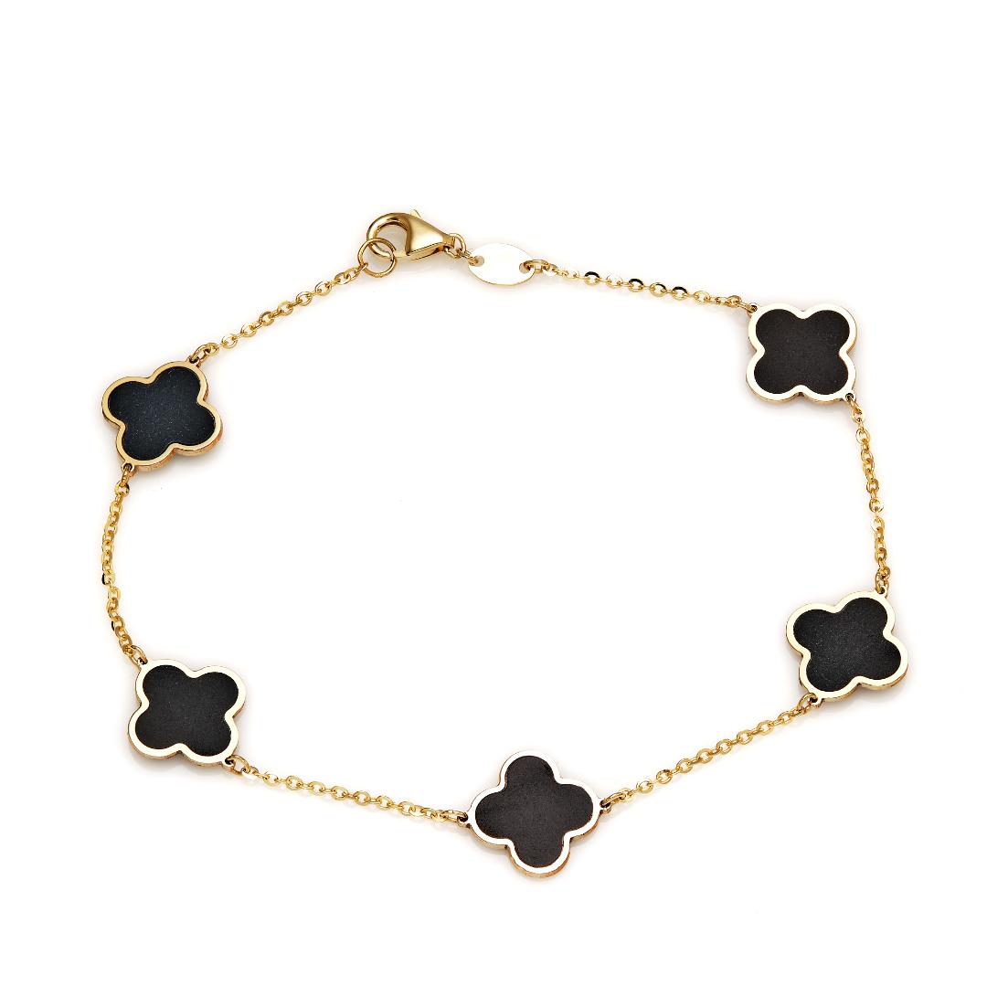 Bracelet trèfle à quatre feuilles en or jaune massif 14 carats et onyx