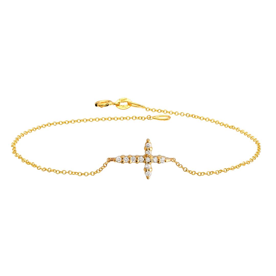 14K Solid Yellow Gold Diamond Cross Bracelet