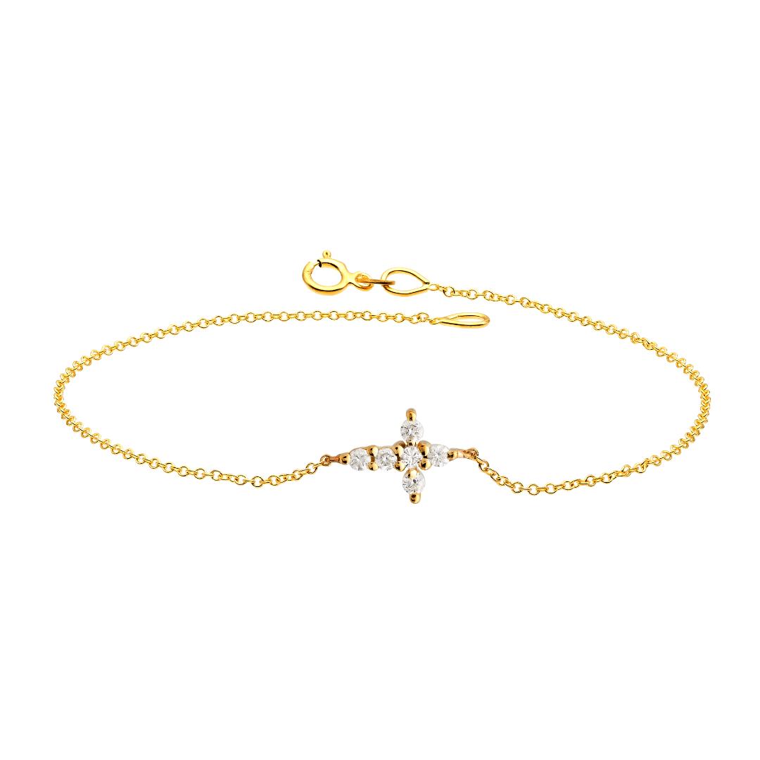 14K Solid Yellow Gold Minimalist Diamond Cross Bracelet
