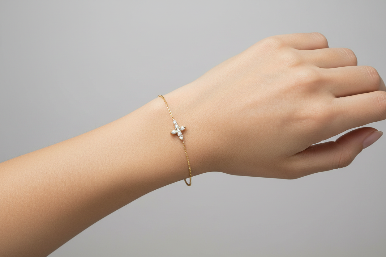 14K Solid Yellow Gold Minimalist Diamond Cross Bracelet