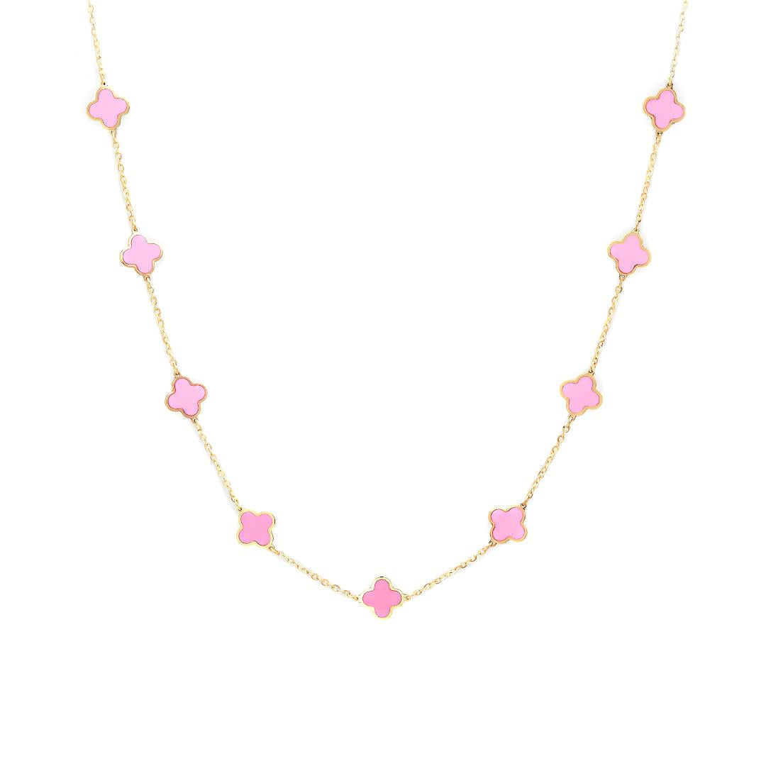Collier de station de trèfle à quatre feuilles rose en or jaune massif 14 carats