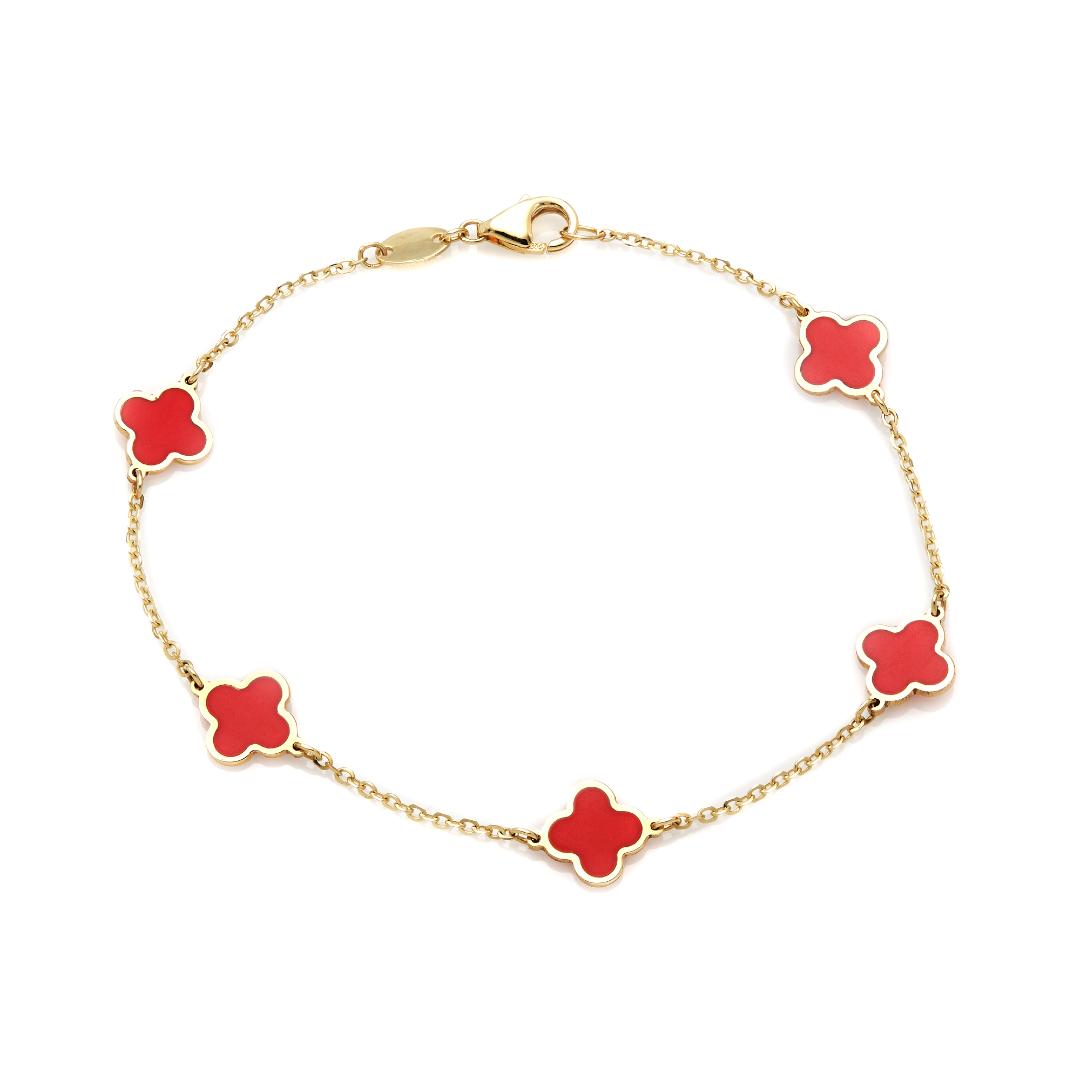 Bracelet trèfle à quatre feuilles en or jaune massif 14 carats et corail rouge