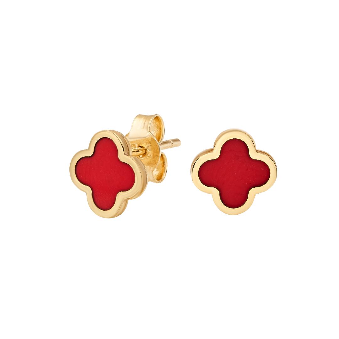 14K Yellow Gold Red Coral Four Leaf Clover Stud Earrings
