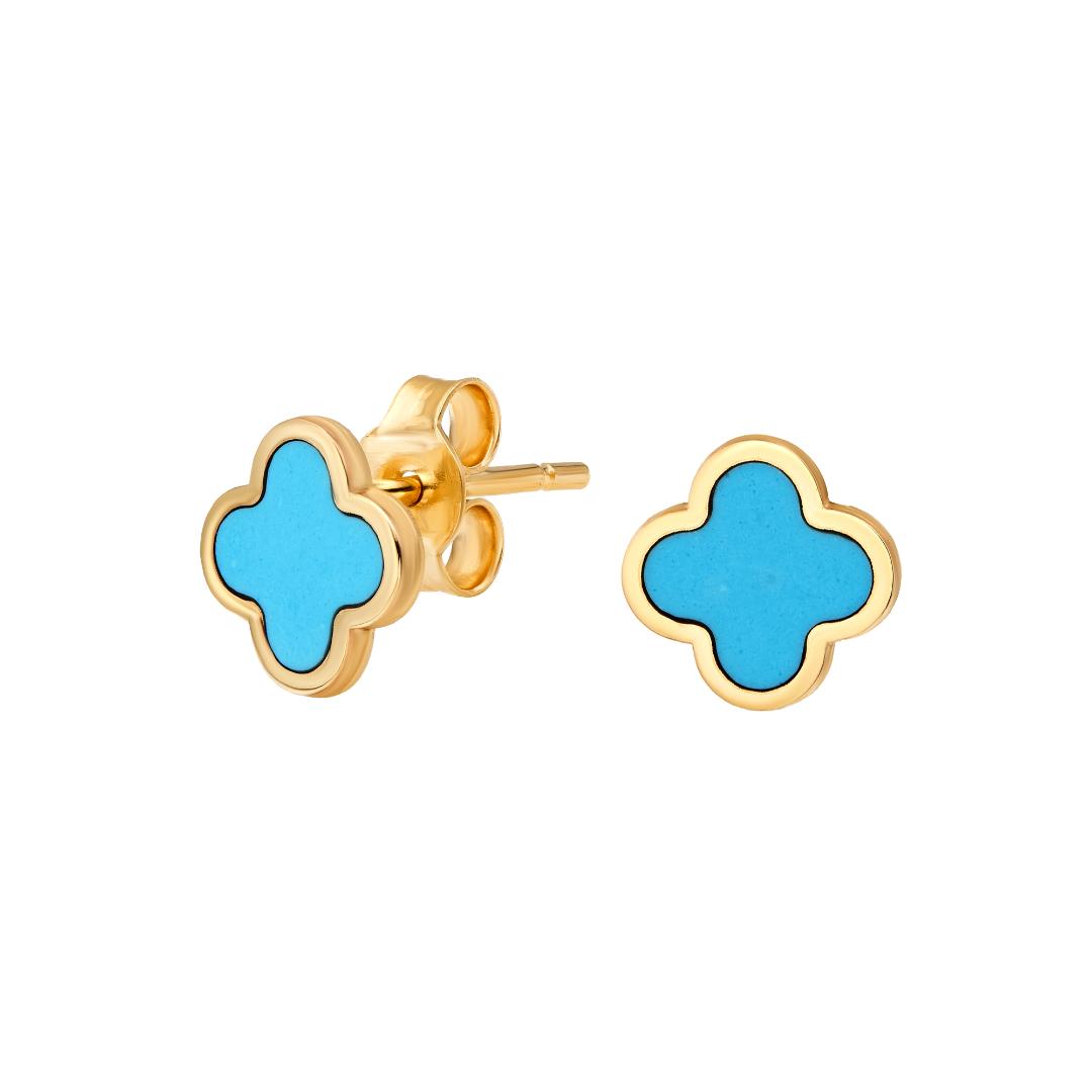 14K Yellow Gold Turquoise Four Leaf Clover Stud Earrings