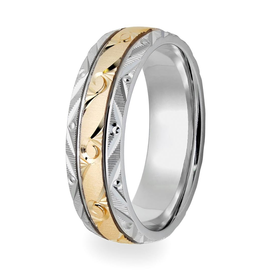 Two tone gold hand engraved mens wedding ring with brushed and shiny finish, comfort fit design.