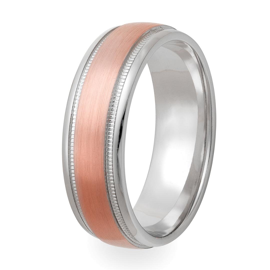 Two tone gold men's wedding band featuring rose gold satin finish center and shiny white gold edges, 7mm comfort fit.