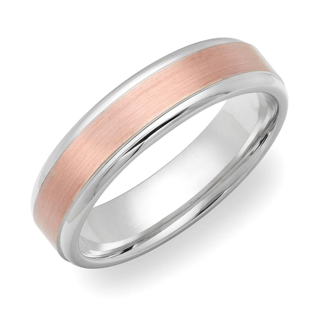 14K solid white and rose gold wedding band featuring a satin finish center and shiny edges, 6mm wide, comfort fitted.