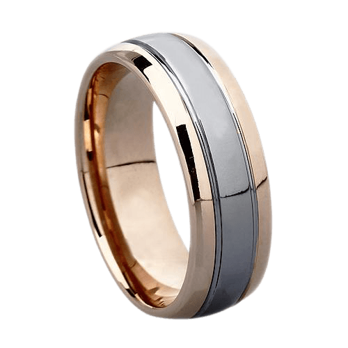 Two tone 14K solid white and rose gold wedding band, 7mm width, shiny finish, comfort fitted.