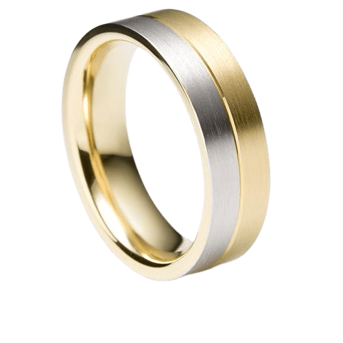 Two tone men's wedding band made of 10K 14K 18K gold, 6mm wide with satin finish, comfort fit, crafted in New York.
