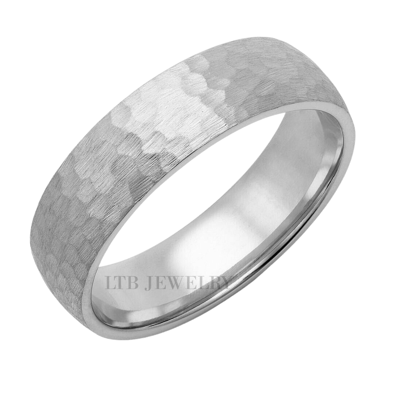10K Solid White Gold Hammered Finish Mens Wedding Rings