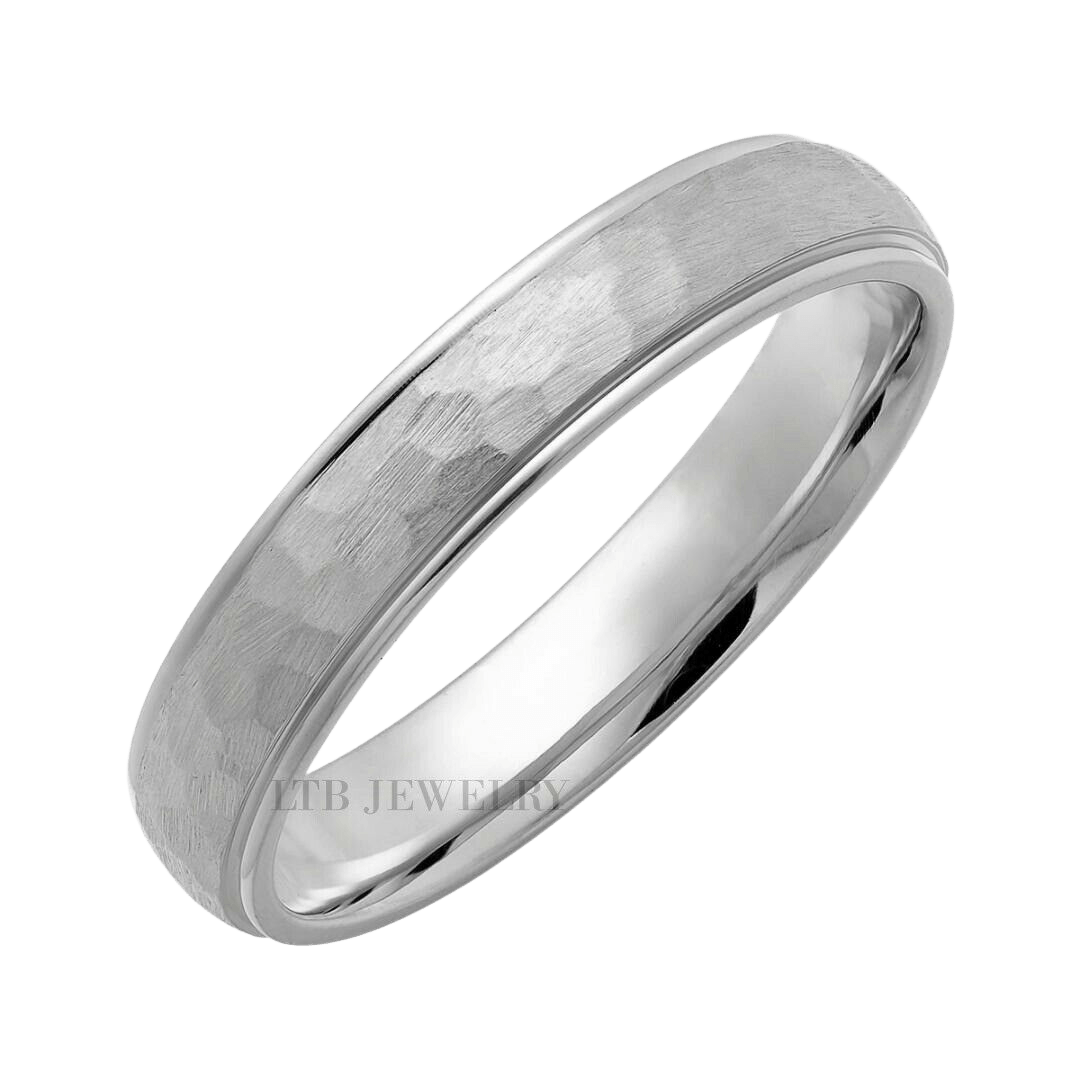 Solid white gold hammered finish men's and women's wedding ring, 4mm comfort fit band with shiny edges.