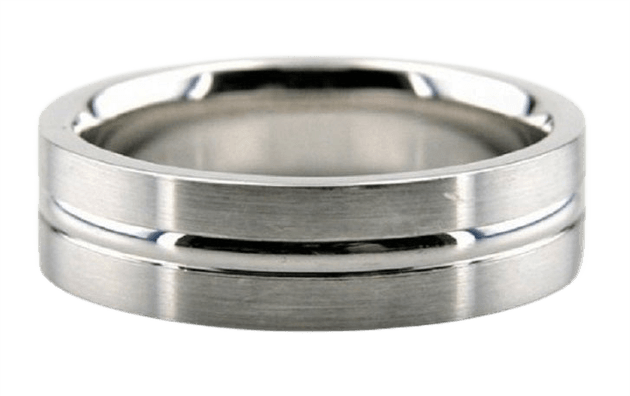 14K white gold men's wedding ring with a satin finish and shiny center line, comfort fitted, 6mm wide.