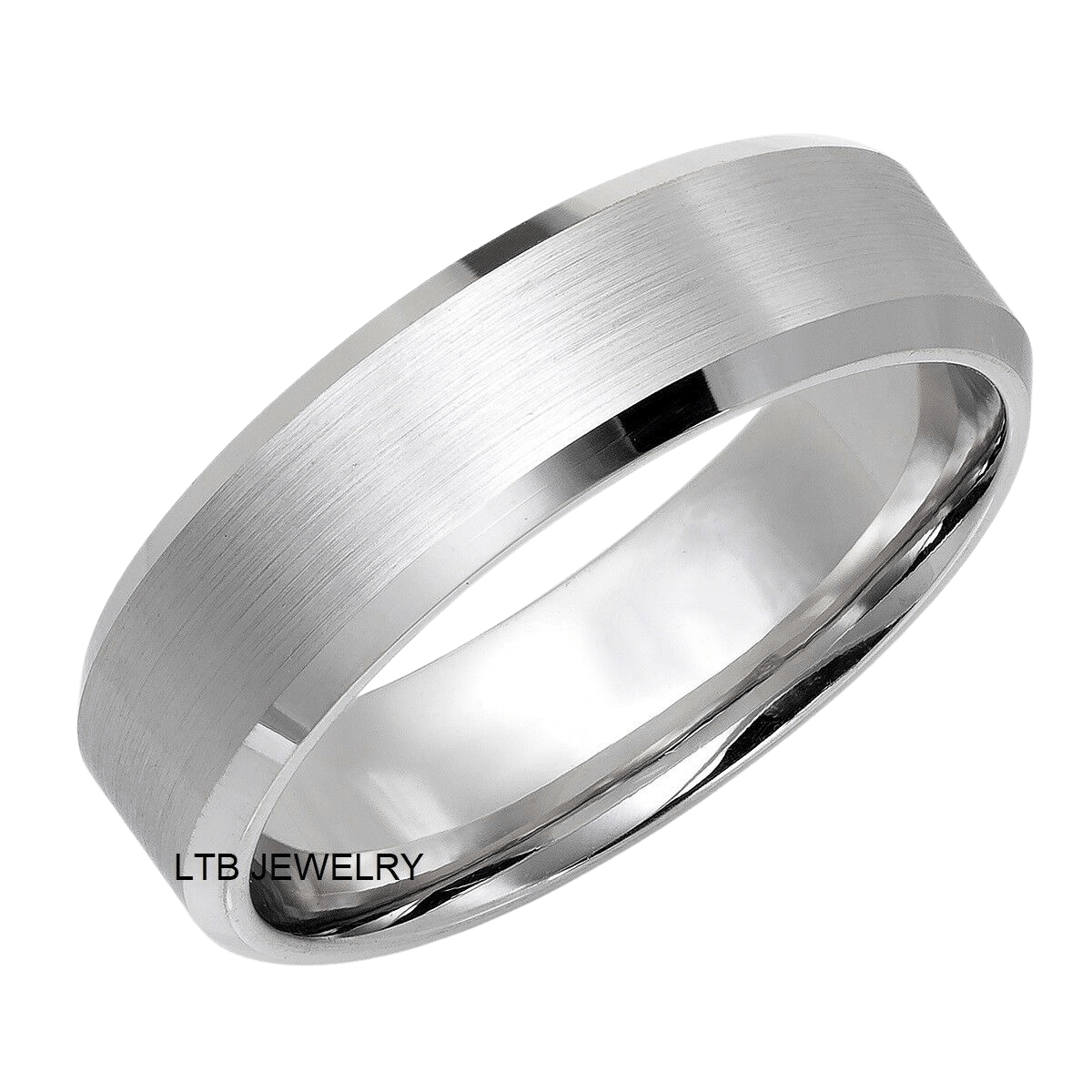 6mm white gold beveled edge men's wedding band with satin finish and polished edges, made in the USA.