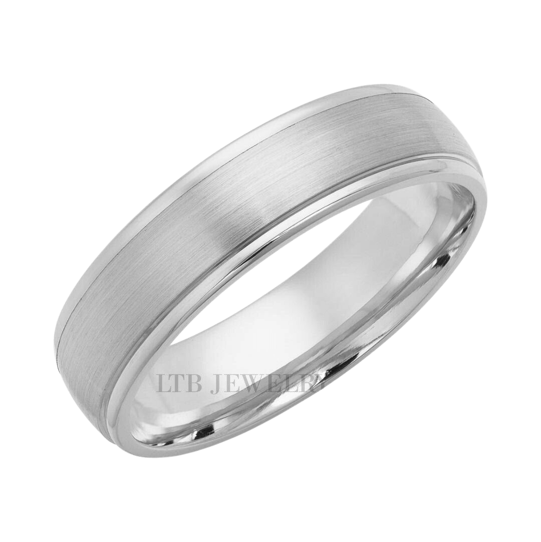 Classic white gold men's wedding band, 6mm, satin finish center with shiny edges, comfort fit, crafted in USA.