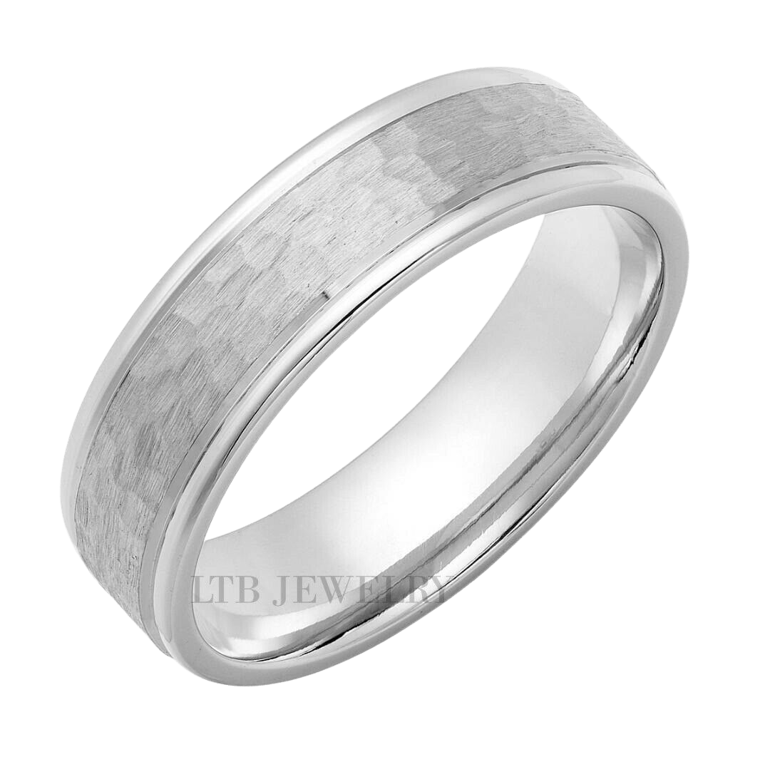 14K solid white gold hammered finish wedding band with shiny edges, 6mm wide, comfort fit, made in New York.
