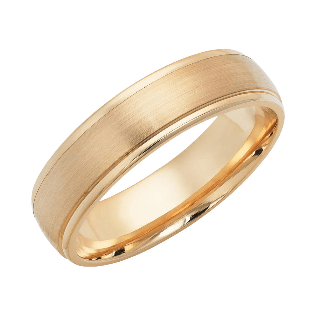 6mm solid yellow gold men's wedding band with satin finish and shiny edges, comfort fitted, available in various metals.