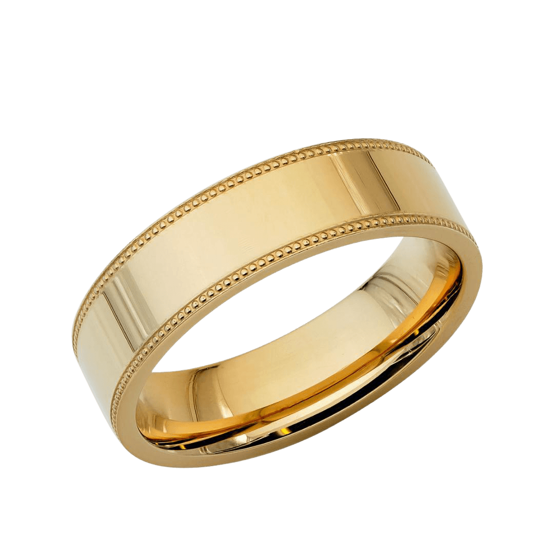 6mm 14K yellow gold flat milgrain wedding band with shiny finish, comfort fitted, handcrafted in New York.