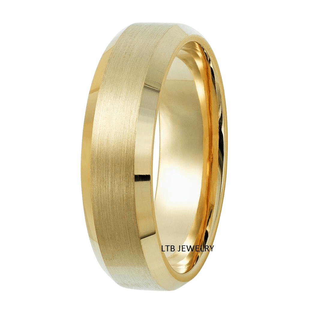 14K solid yellow gold beveled edge men's wedding band with satin and shiny finishes, 6mm wide, comfort fit.