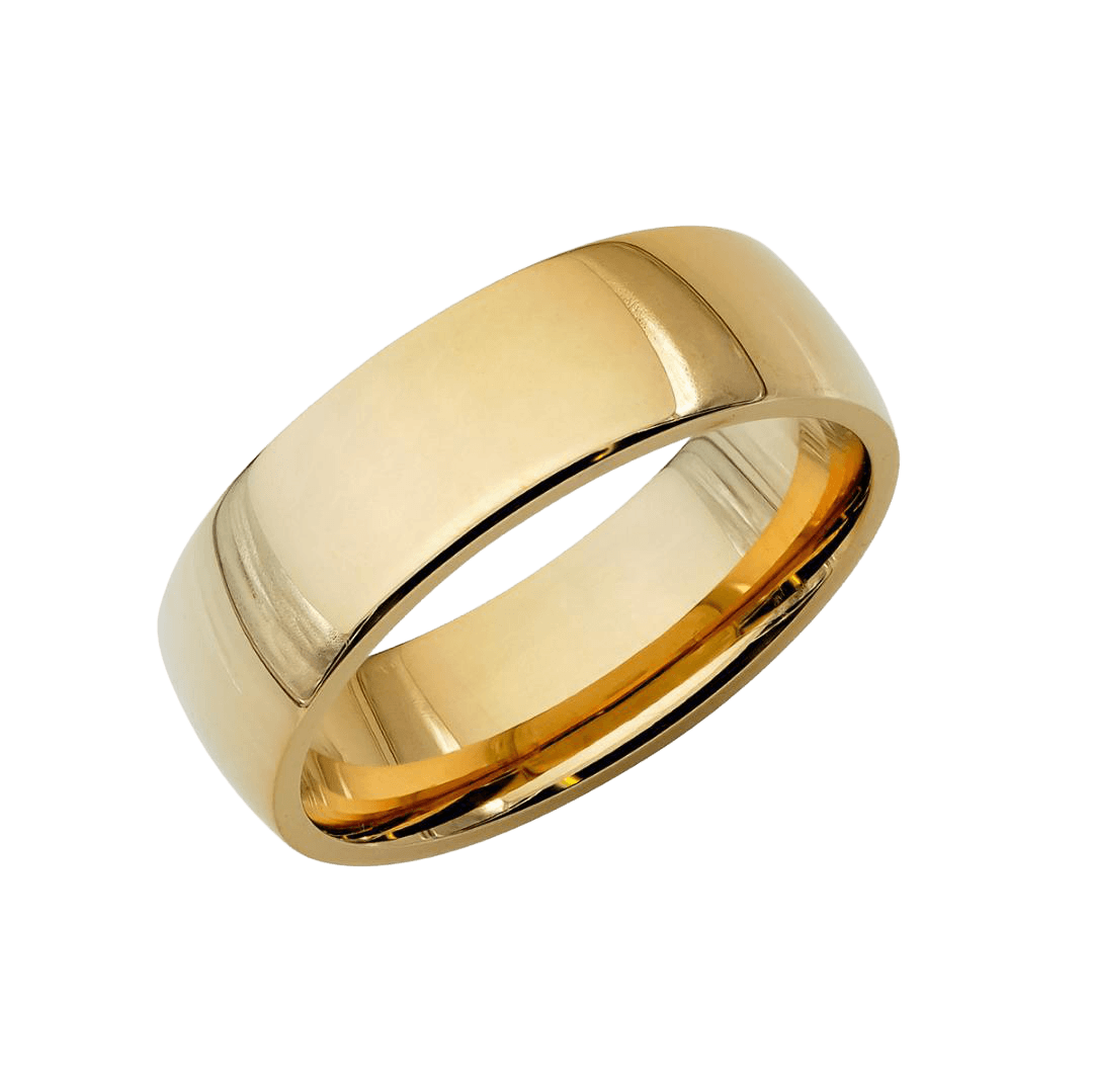 14K solid yellow gold dome wedding band, 6mm wide, comfort fit, shiny finish, ideal for men's or unisex wedding ring.