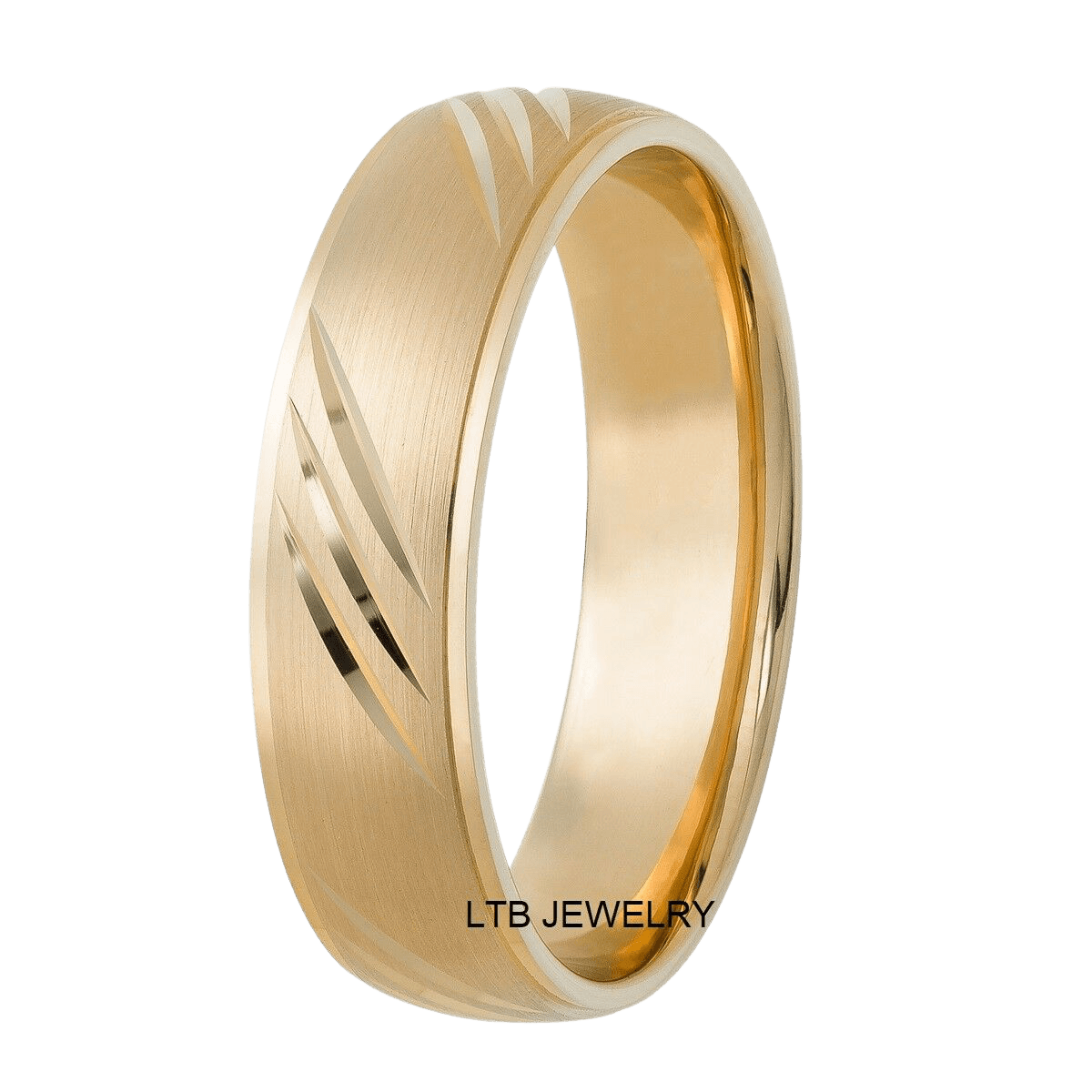 Mens yellow gold wedding ring with satin finish and shiny edges, 6mm wide, comfort fit, available in various styles.