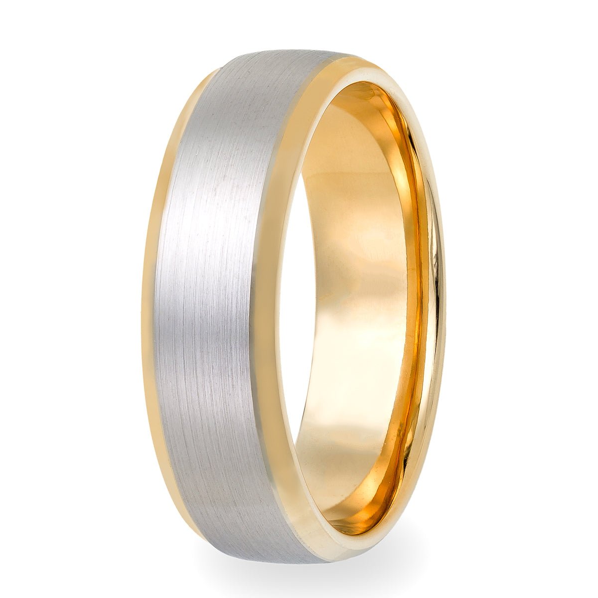 Two tone gold beveled edge men's wedding band with satin and shiny finish, 6mm comfort fitted, made in USA.