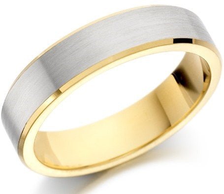 14K two-tone gold beveled edge wedding band with satin white gold center and shiny yellow gold edges.