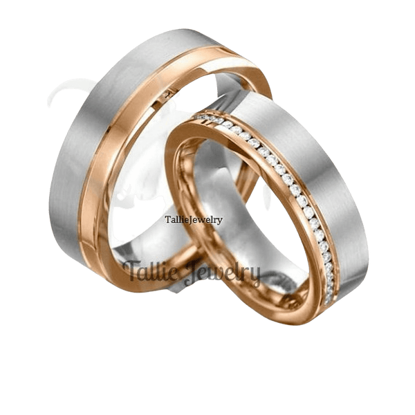 10K Two Tone Gold Diamond Wedding Bands, His and Hers Wedding Rings