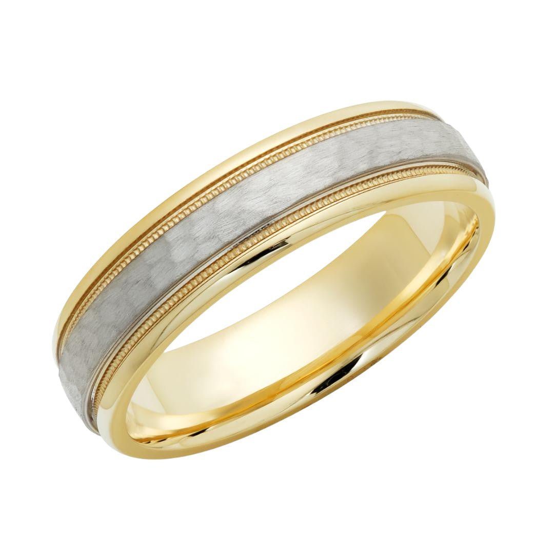 Elegant two-tone gold men's wedding band with hammered finish and milgrain detail, 6mm wide, comfort-fit design.