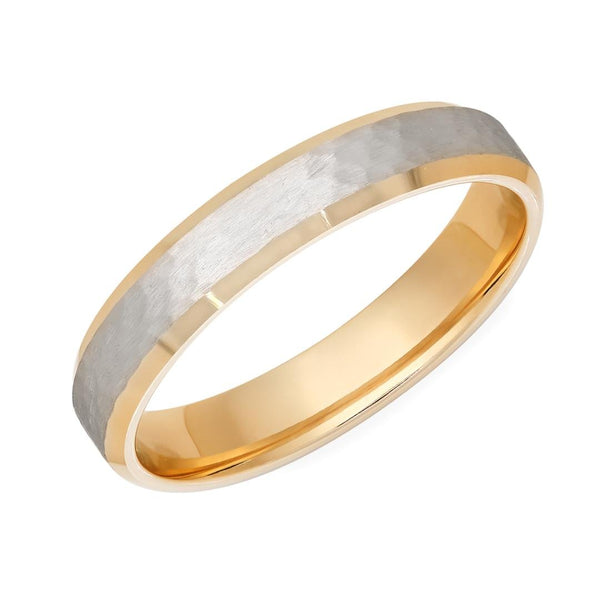 4mm 10K 14K 18K White and Yellow Gold Hammered Finish Mens Wedding Bands, Two Tone Gold Wedding Rings