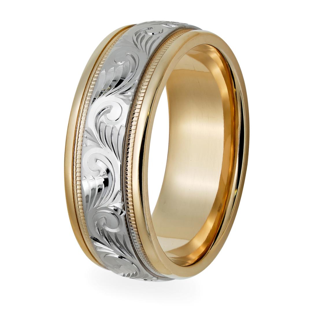 Two tone gold hand engraved mens wedding band with intricate design and shiny finish, crafted in 10K gold.