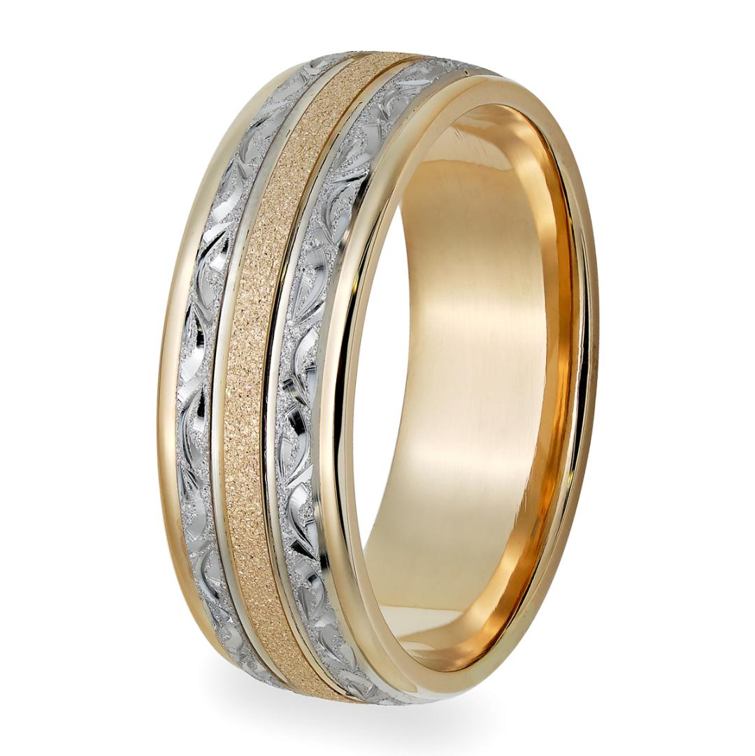 Hand engraved men's wedding band in two-tone gold, 8mm wide with stone and shiny finish, comfort fitted, made in New York.