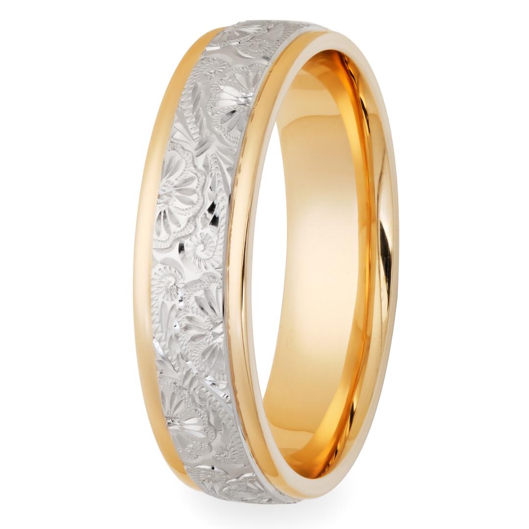 Hand engraved two-tone gold wedding band featuring floral designs, crafted in solid white and yellow gold, 6mm width.