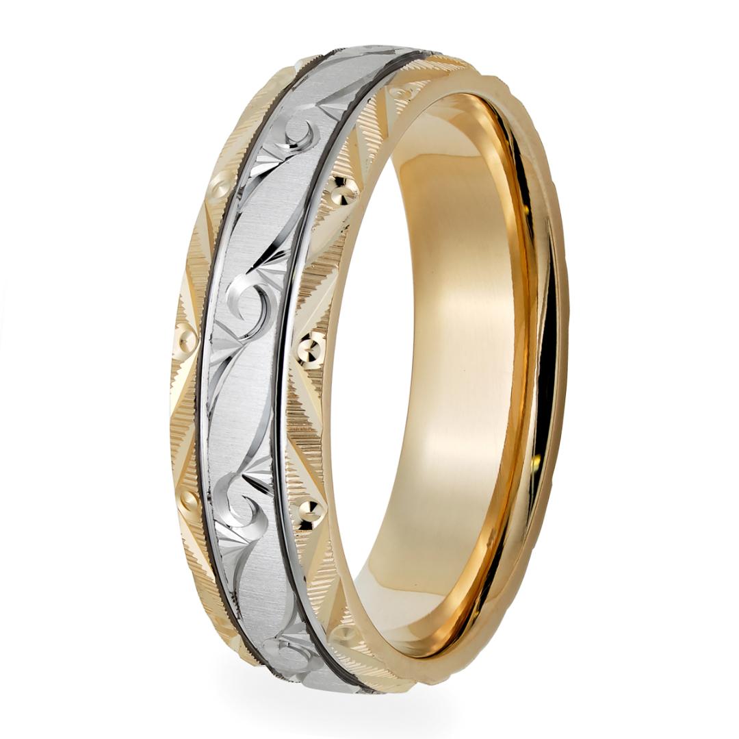 Two tone gold hand engraved mens wedding band with brushed and shiny finish, 6mm width, made in USA.