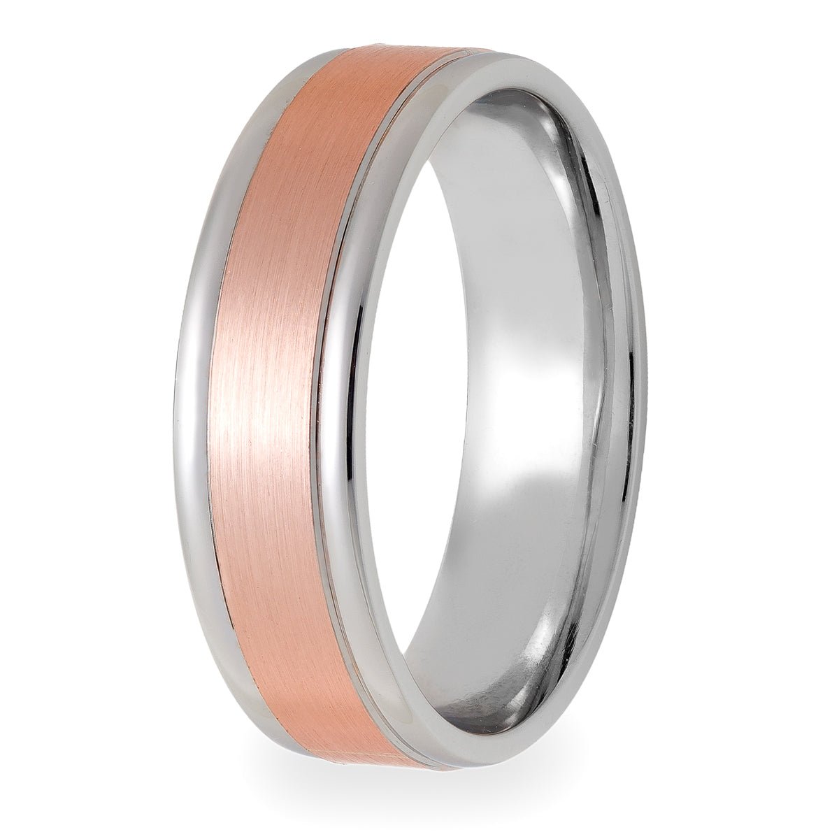 Two tone gold men's wedding band in solid white and rose gold, 6mm wide with comfort fit design.