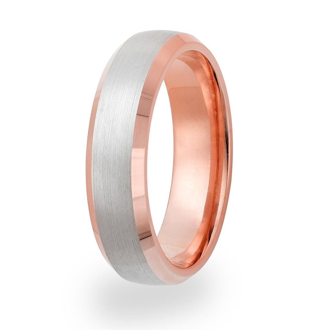 6mm two tone gold beveled edge men's wedding band featuring a satin finished white gold center and shiny rose gold edges.