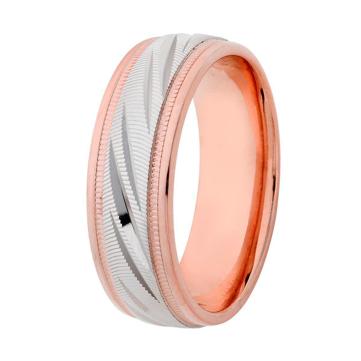 7mm two-tone men's wedding band in 10K/14K gold with milgrain and shiny finish, comfort fit.