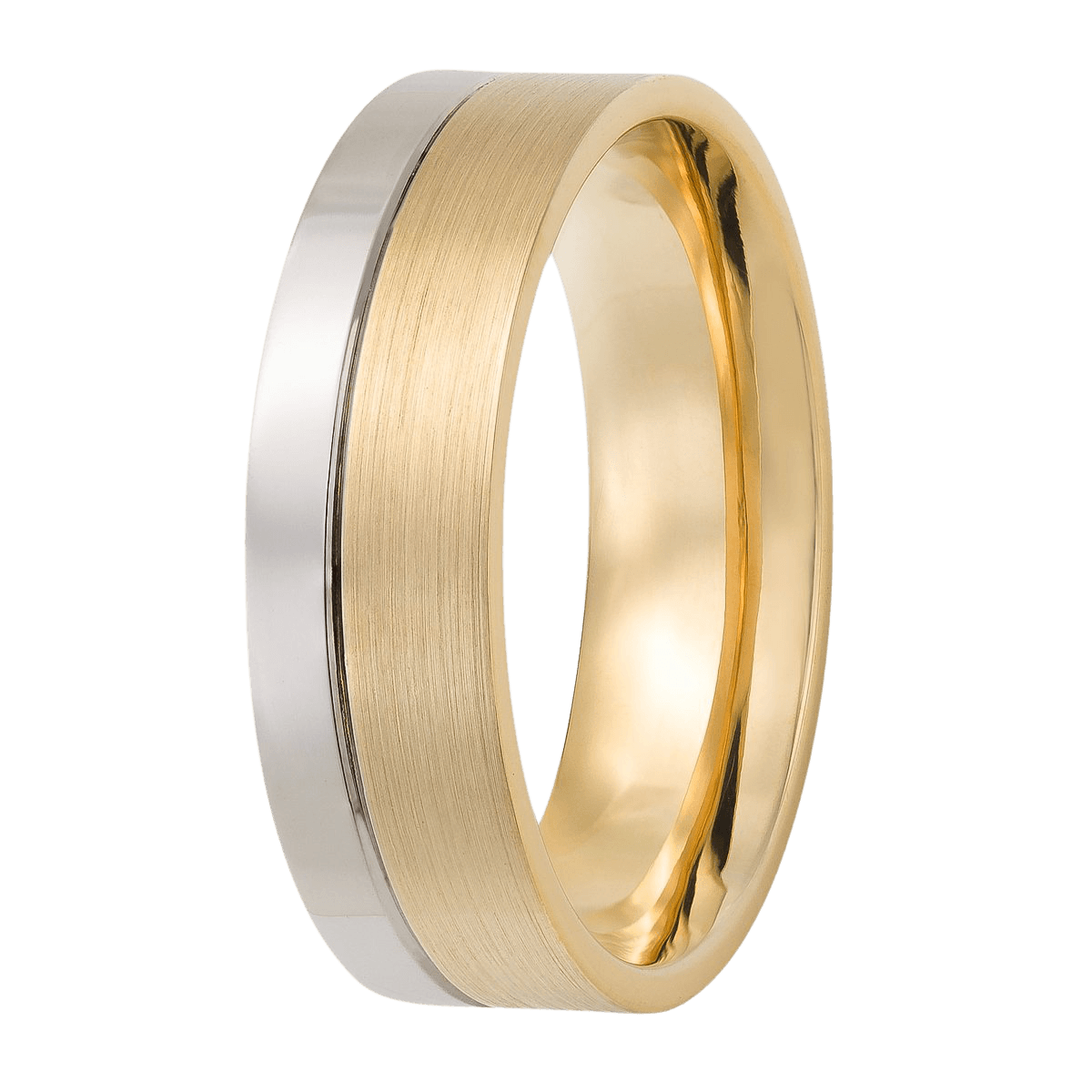 Two tone gold men's wedding ring with satin and shiny finish, 7mm wide, comfort fitted, made in New York, available in various metals.