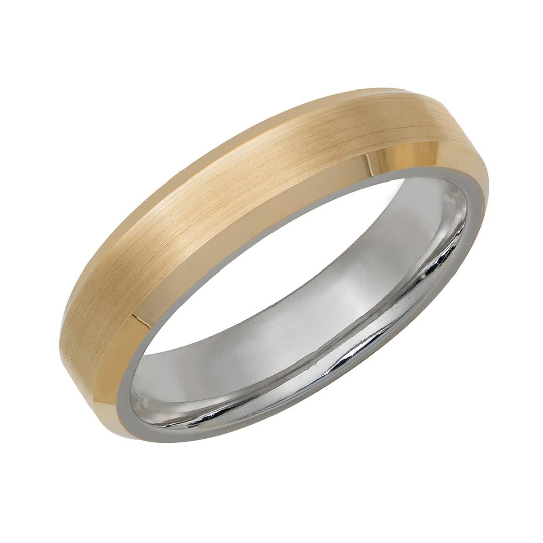Two tone gold men's wedding ring, 6mm beveled edge, satin and shiny finish, comfort fit, made in New York.