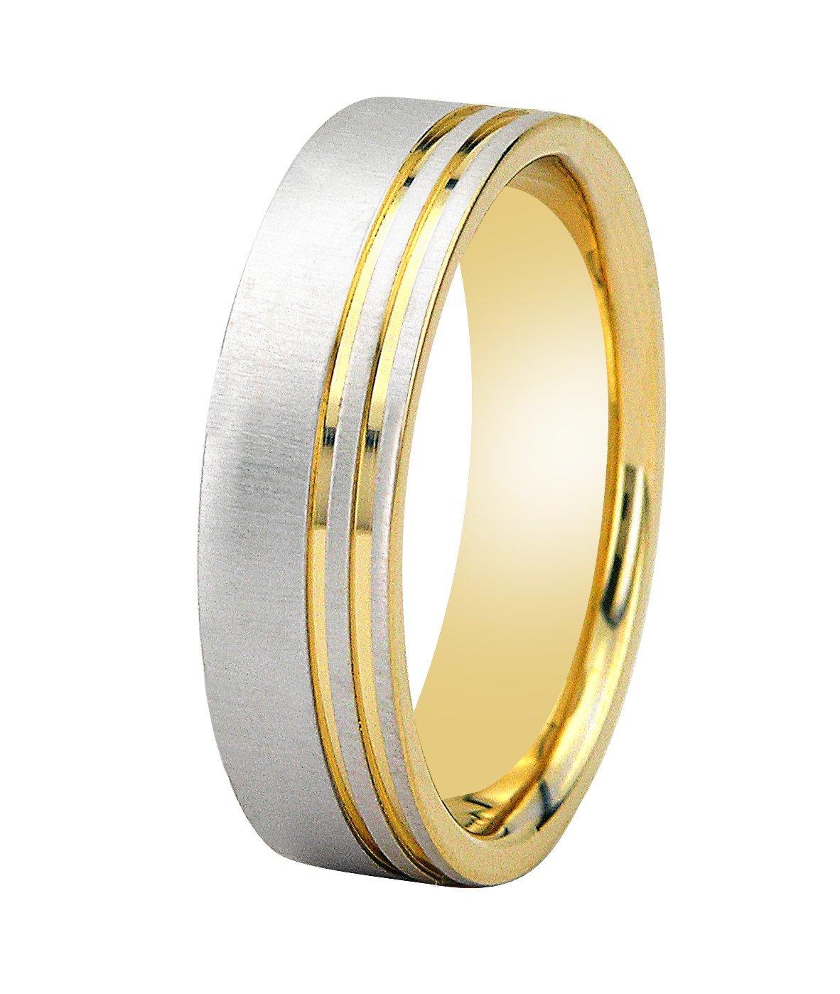 Unique two-tone gold men's wedding band, 6mm wide, brushed finish, comfort fit, available in various metals and colors.
