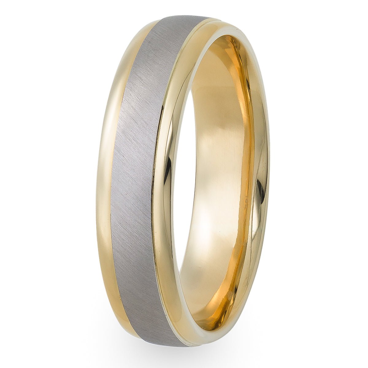 Two tone gold wedding ring featuring brushed gray center and shiny yellow gold edges, comfort fit design.