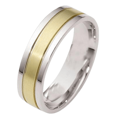 Two tone gold men's wedding ring featuring a satin finished yellow gold center and shiny white gold edges, 6mm wide.