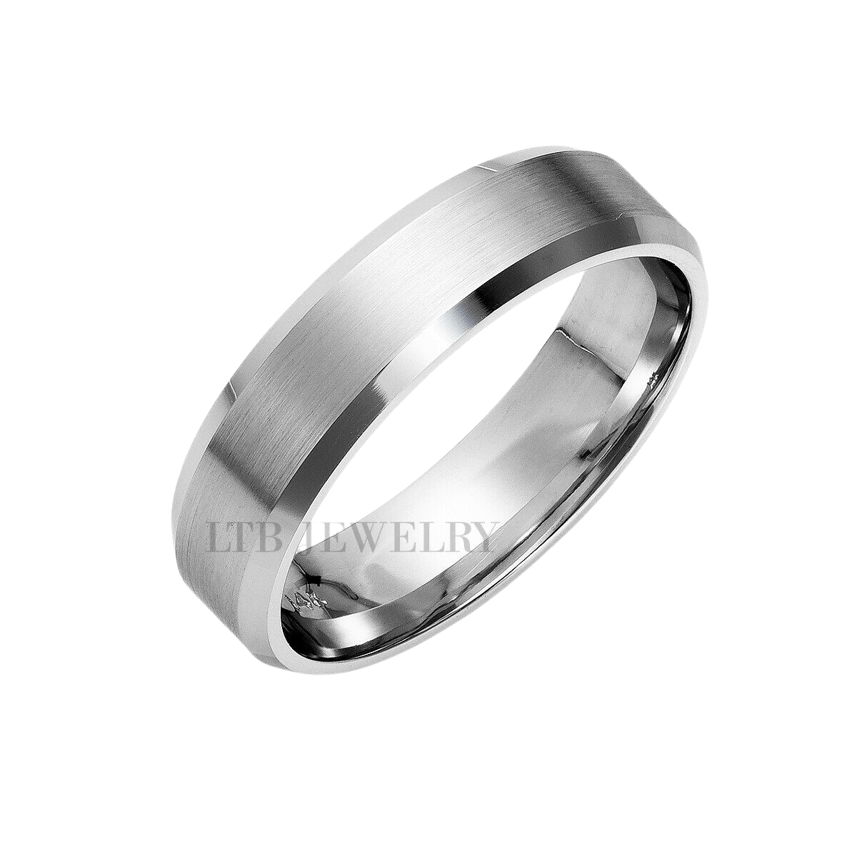 6mm 10K 14K 18K solid white gold men's wedding band with a satin finish and shiny beveled edges.