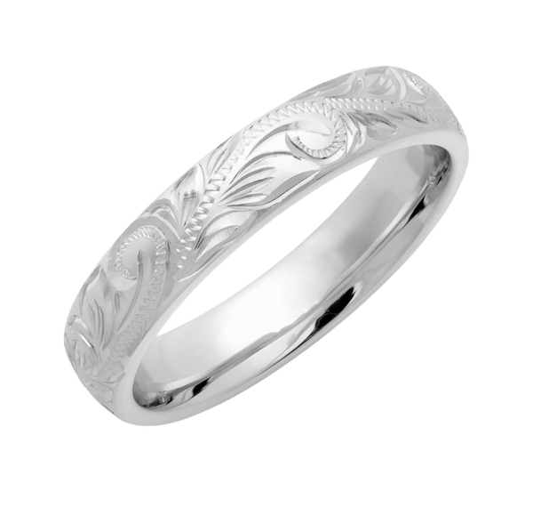 10K White Gold Hand Engraved Wedding Rings