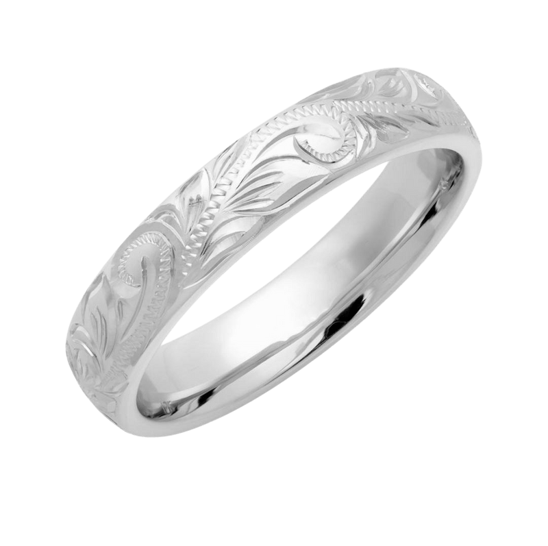 10K White Gold Hand Engraved Wedding Rings