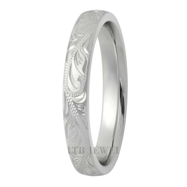 10K White Gold Mens and Womens Hand Engraved Wedding Bands
