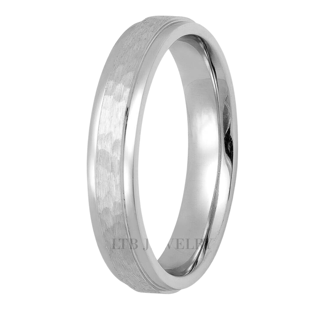 4mm unisex wedding band in solid white gold with hammered center and shiny edges, comfort fitted, available in multiple options.