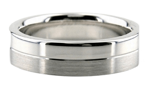 14K white gold wedding band with satin and shiny finish, 6mm wide, comfort fit, made in New York, available in various styles.