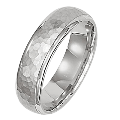 14K white gold hammered finish men's wedding band, 6mm wide, comfort fitted, shiny edges, made in New York, USA.
