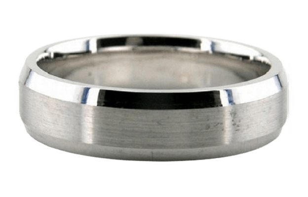 Beveled edge men's wedding ring in solid white gold, 6mm width, featuring satin and shiny finishes.